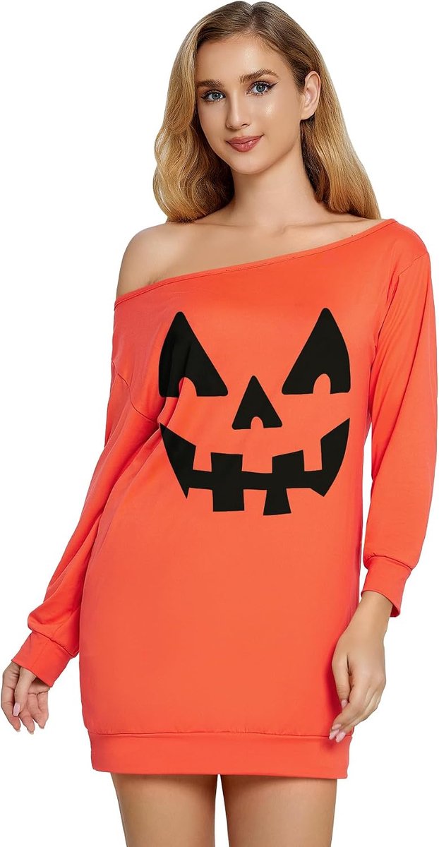 Jurk dames shirt 3/4 mouw spinnen pompoen skelet print schoudervrij bovendeel lange mouwen zwart oranje top kostuumfeest S-XXL