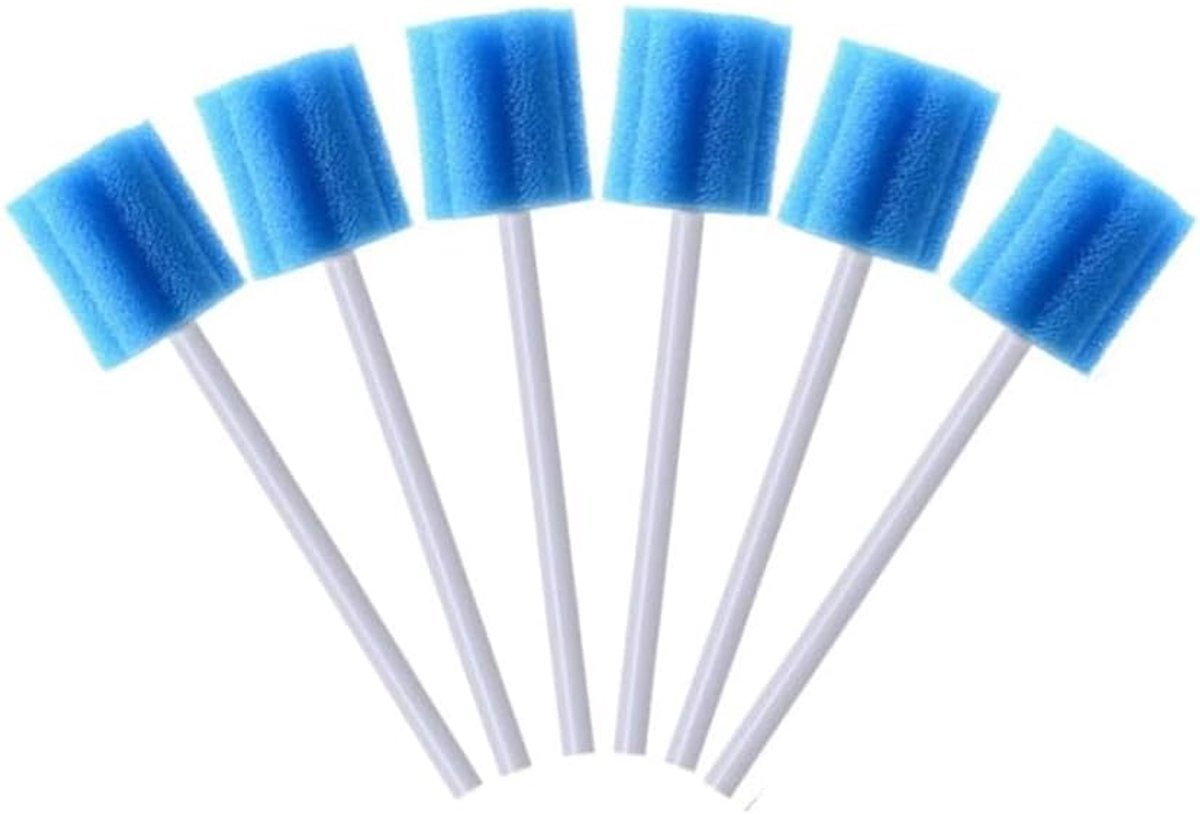100 stuks draagbare mondsponzen, mondverzorgingsspons, mondsponzen, tanddoekjes, steriele wattenstaafjes, mondverzorgingsstaafjes voor het reinigen van tandklinieken (blauw)