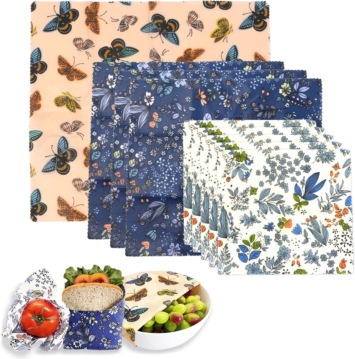 9 stuks biologische bijenwasdoeken van bijenwas, voedselfolie van 100% natuurlijke was en biologisch katoen, herbruikbaar, 3 maten, voor fruit, kaas, brood, noten (vlinders)