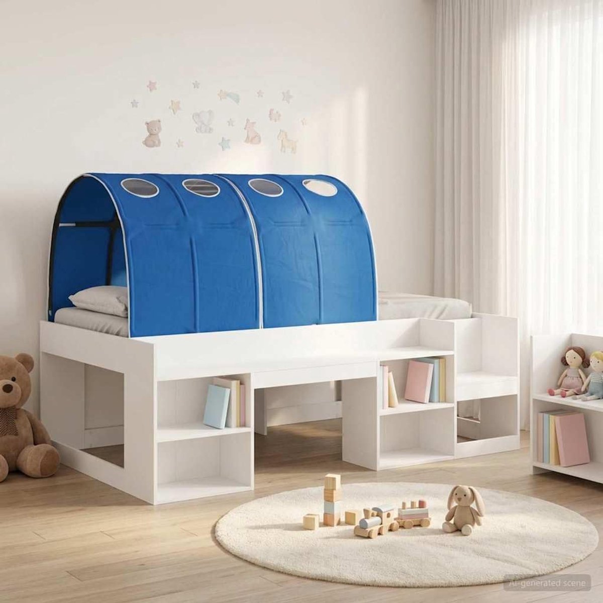 Houten tunnelbed Strak design Wit Blauw