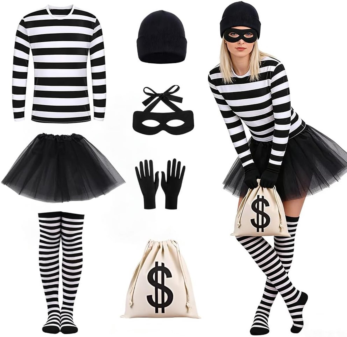 Roverskostuum voor dames, 7 stuks, roverskostuum voor volwassenen, met T-shirt, korte rok, kniekousen, gebreide muts, masker, handschoenen, portemonnee, roverset voor cosplay, L/XL
