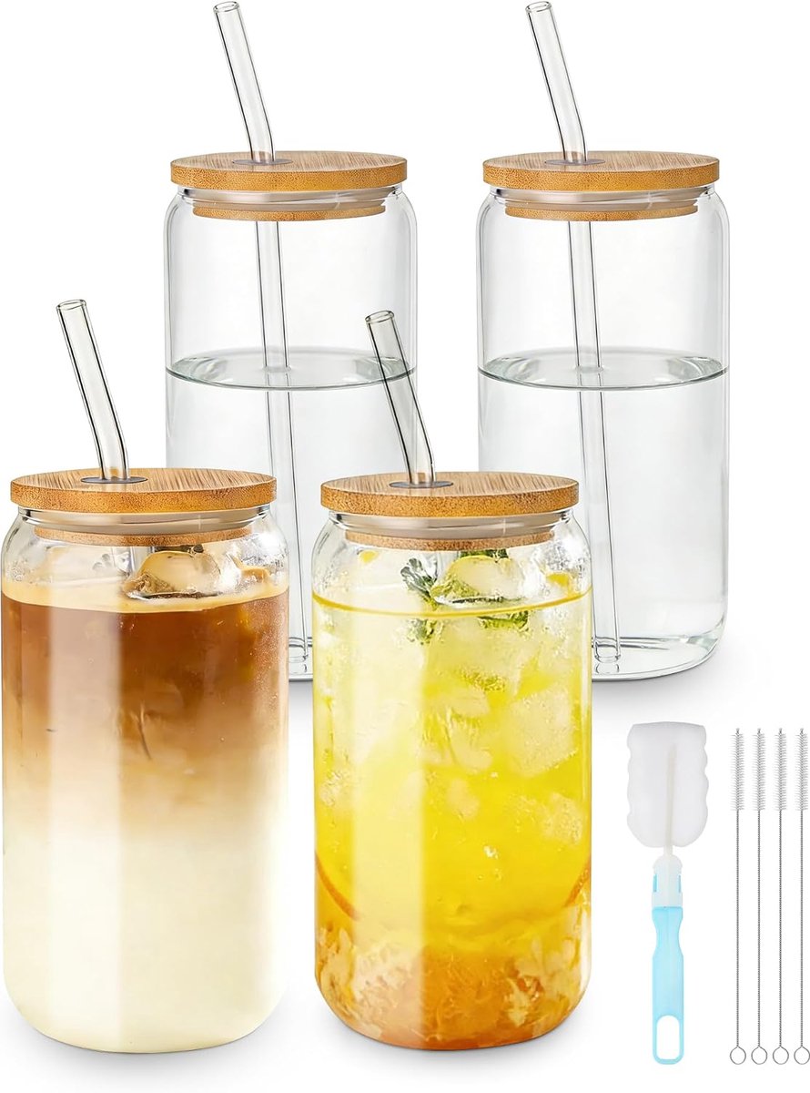 Set van 4 glazen van 500 ml met deksel en rietje, water en matcha-glas, drinkglas met deksel, longdrinkglazen, ijskoffieglazen, koffieglazen, koffieglazen, matcha en koffiewaterglazen