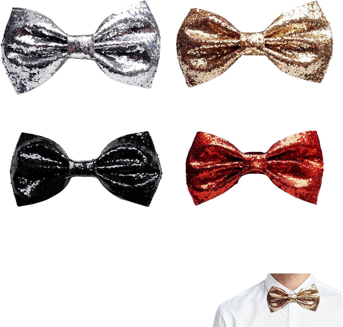 4 Stuks Glanzende Strikjes – Glitter Vlinderdassen voor Heren – Goud, Zwart, Zilver en Rood – Verstelbaar – Perfect Voor Feest & Carnaval