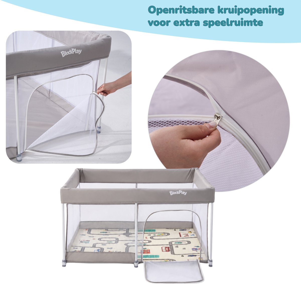 BlockPlay® Grondbox inklapbaar Baby 127x127 cm - Speelbox - Playpen - Kinderbox – Kruipbox – Ballenbak - Inclusief speelmat 50 speelballen draagtas en 2 optrek hendels – Grijs – foto 8