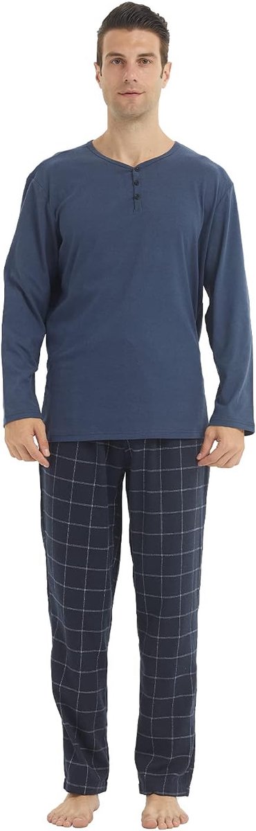 Pyjama voor heren, lange katoenen winterpyjama, lange mouwen, shirt en flanel, geruit, pyjamabroek met zak, zachte fleece, loungewear, nachtkleding set