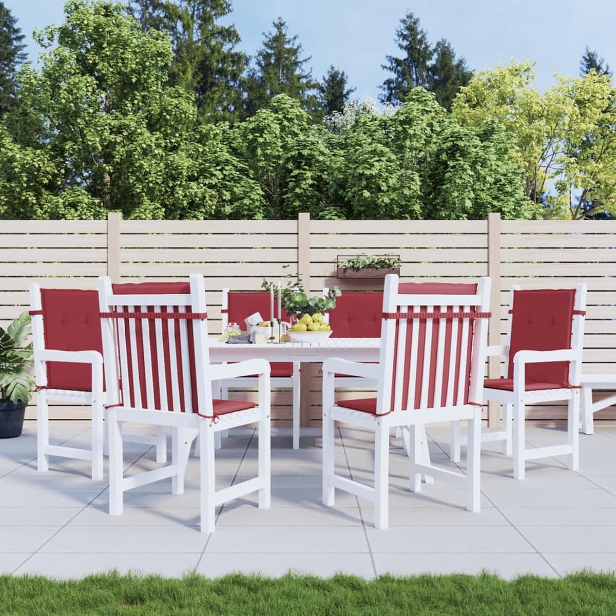 Stoelkussen, 6 stuks, wijnrood, 100 x 50 x 3 cm, van stof, tuinstoelkussen, outdoor stoelkussen, gewatteerd kussen voor stoelen