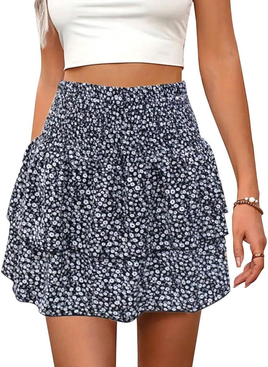 Damesrok voor de zomer, bloemenprint, boho-stijl, zomerrok, hoge taille, A-lijn, chique rok met elastische tailleband met ruches, geschikt voor de zomer en dagelijks gebruik