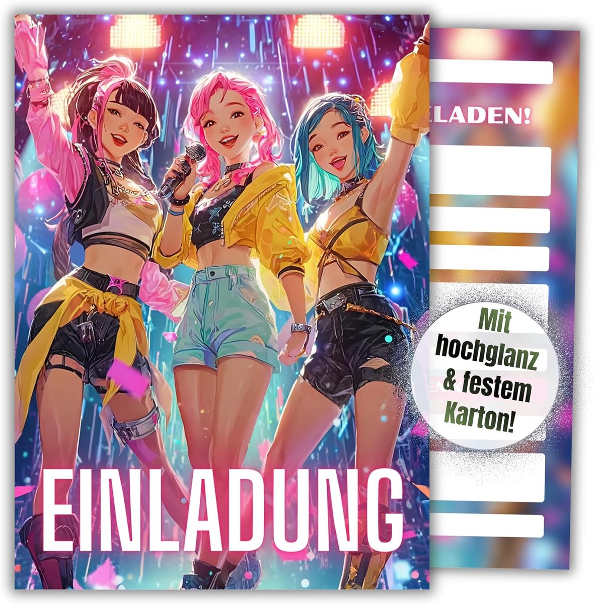 K-Pop Uitnodigingskaarten voor jongens en meisjes, 12 kaarten, DIN A6 (10,5 cm x 14,8 cm), uitnodigingskaarten voor jongeren, volwassenen en kinderen, Pop Star Idol