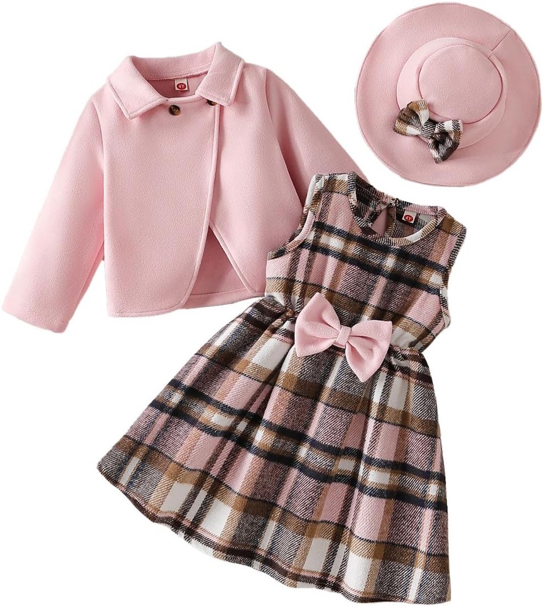 Meisjesjurk met gebreide jas + muts, 3-delige elegante outfit, 3-7