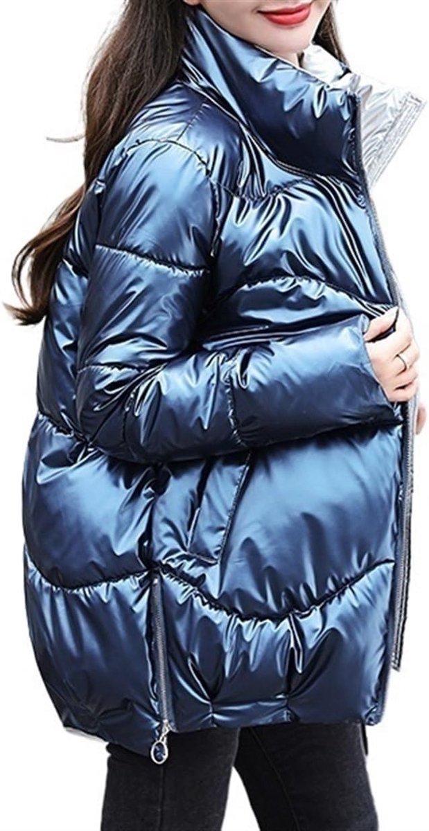Pufferjack, Effen Winterjas, Warme Opstaande Kraag, Overgangsjack, Glanzend Donsjack, Korte Snit, Gewatteerd Gewatteerd Jack