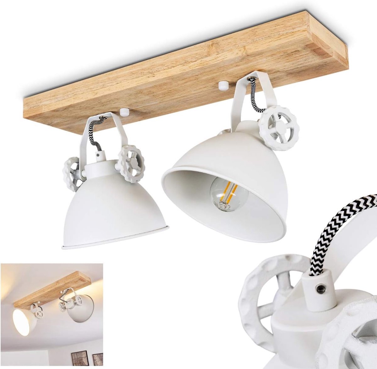 Plafondlamp Svanfolk, plafondlamp van metaal/hout in wit/natuur, 2 lampen, met verstelbare spots, 2 x E14-fitting, retro/vintage design, zonder gloeilampen