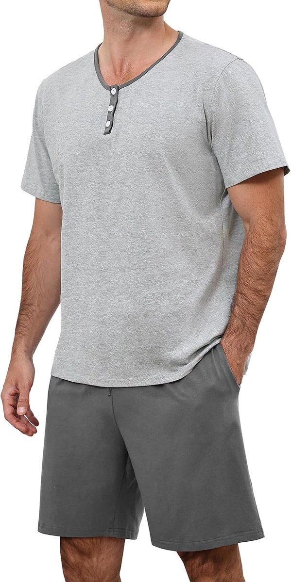 Zomerpyjama voor heren, korte katoenen tweedelige pyjama voor heren, korte mouwen, knopen, V-hals en korte shorts met zakken en trekkoord, licht, zacht, loungewear S-XXL