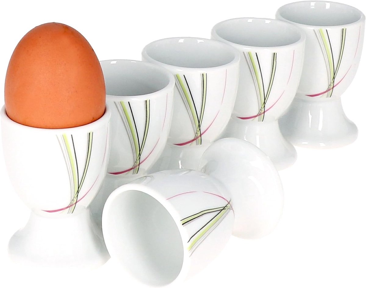 Well I Set van 6 eierdopjes, rond, voor 6 personen, diameter 4,7 cm, hoge eierstandaard, eierbeker, abstracte strepen, roze-groen-grijs-zwart, porseleinen servies