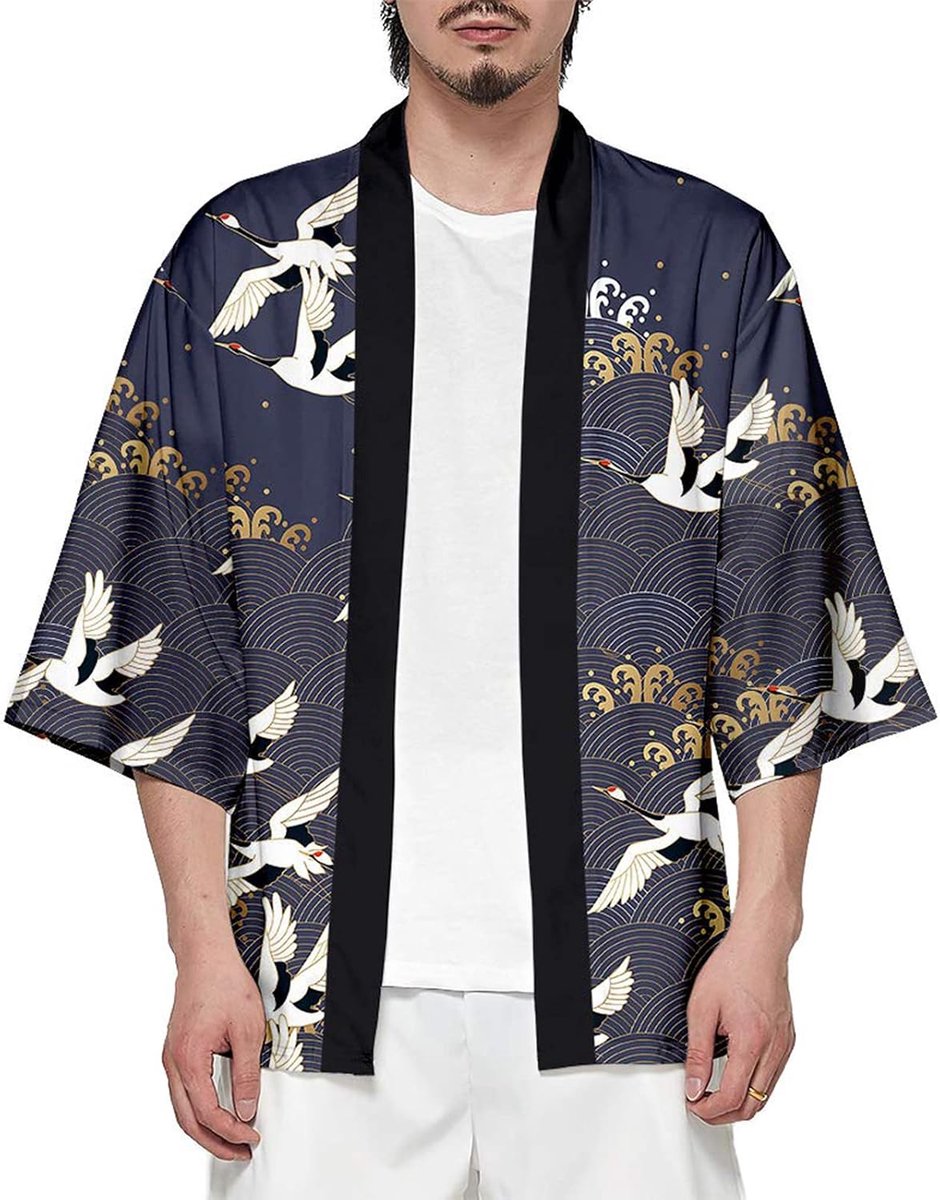 Kimono-jas voor heren, Japanse 3/4-mouwen, open stijl, cardigan, print met kraanvogelmotief