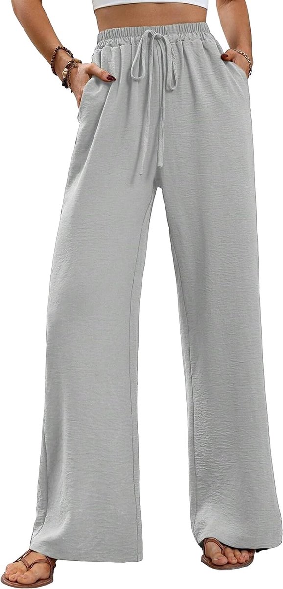 Brede broek voor dames, elegante brede broek met hoge taille, losse zomerbroek, stretch, lange broek met zakken, grijs, L