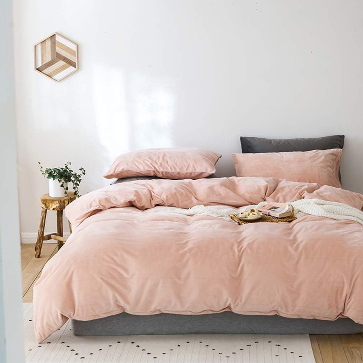 Dekbedovertrekset van robuust velours, superzachte comfortabele beddengoedset met lakens en kussenslopen voor slaapkamer, cadeau, roze, Twin Good