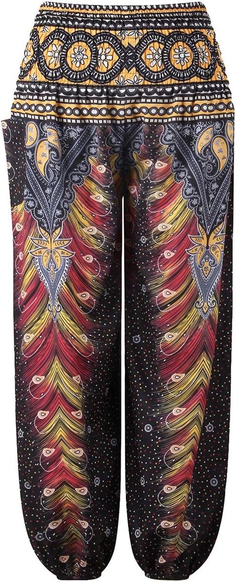 Lange hippiebroek voor meisjes, hippiebroek, bloemenpatroon, harembroek, Aladdinbroek, kinderharembroek, zomerbroek met zakken, maat 98-140, zwart, 116-128