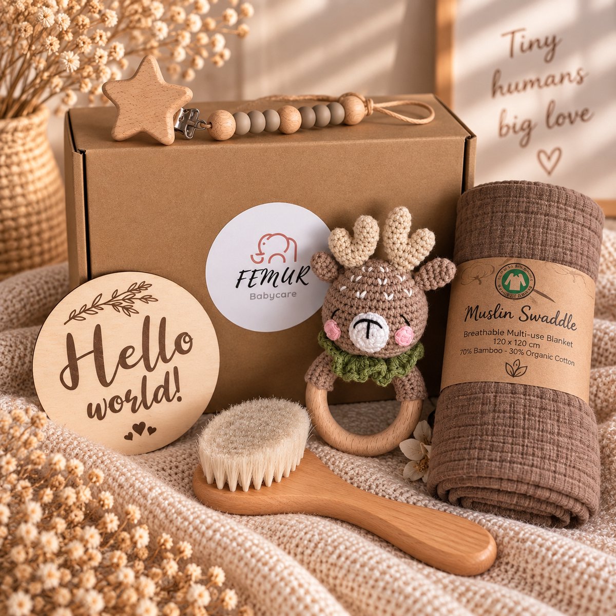 Baby Geboorte Set – Baby Speelgoed – New Born Set – Geschenk Set - Kraamcadeau – Babyshower – Gender Reveal Party - Bijtring – Handgemaakt – Natuurlijke Materialen – Speenkoord - Verlegen Hert