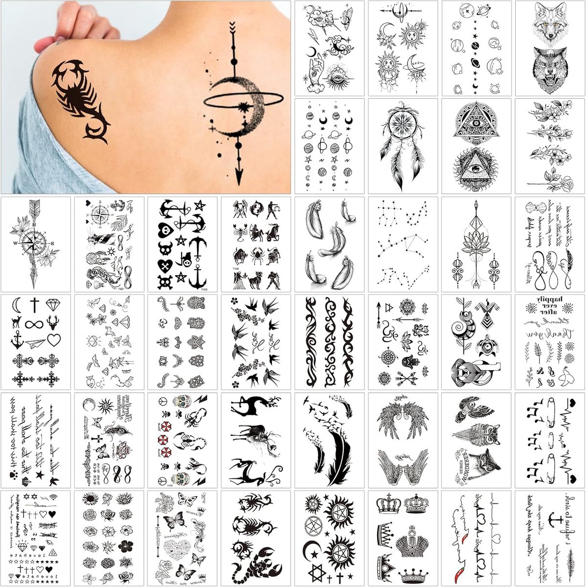 40 vellen tatoeages voor dames, zwarte neptatoeages, tijdelijke sets, zelfklevende tatoeages om op te plakken, waterdichte tijdelijke stickers voor kinderen, volwassenen, mannen en vrouwen
