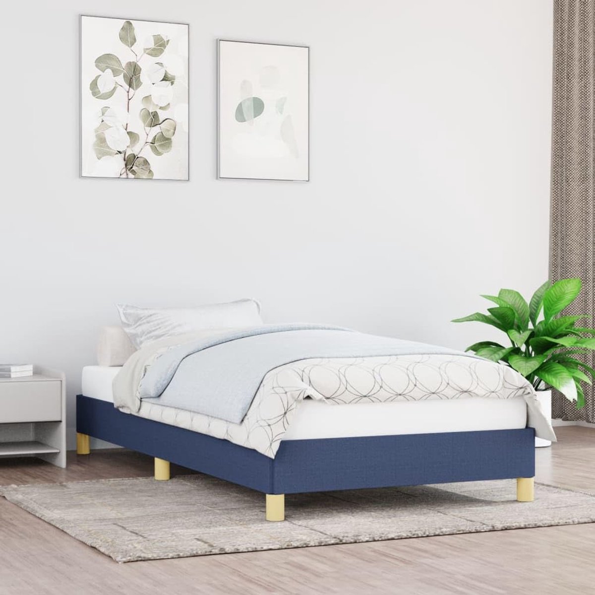 Zonder matras blauw 90x200 cm stof met steunpoten en multiplex latten voor stabiliteit en ademend vermogen