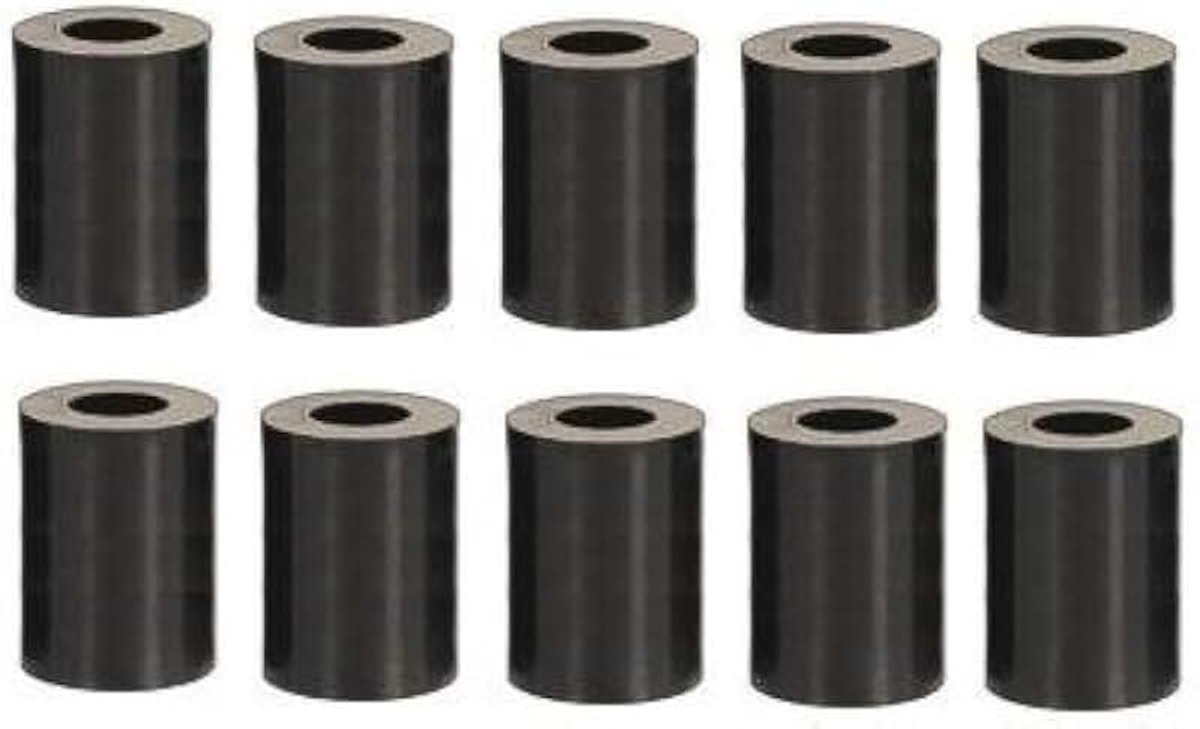 Afstandshulzen voor M10 schroeven, lengte 10 mm, kunststof zwart, set van 10 stuks.