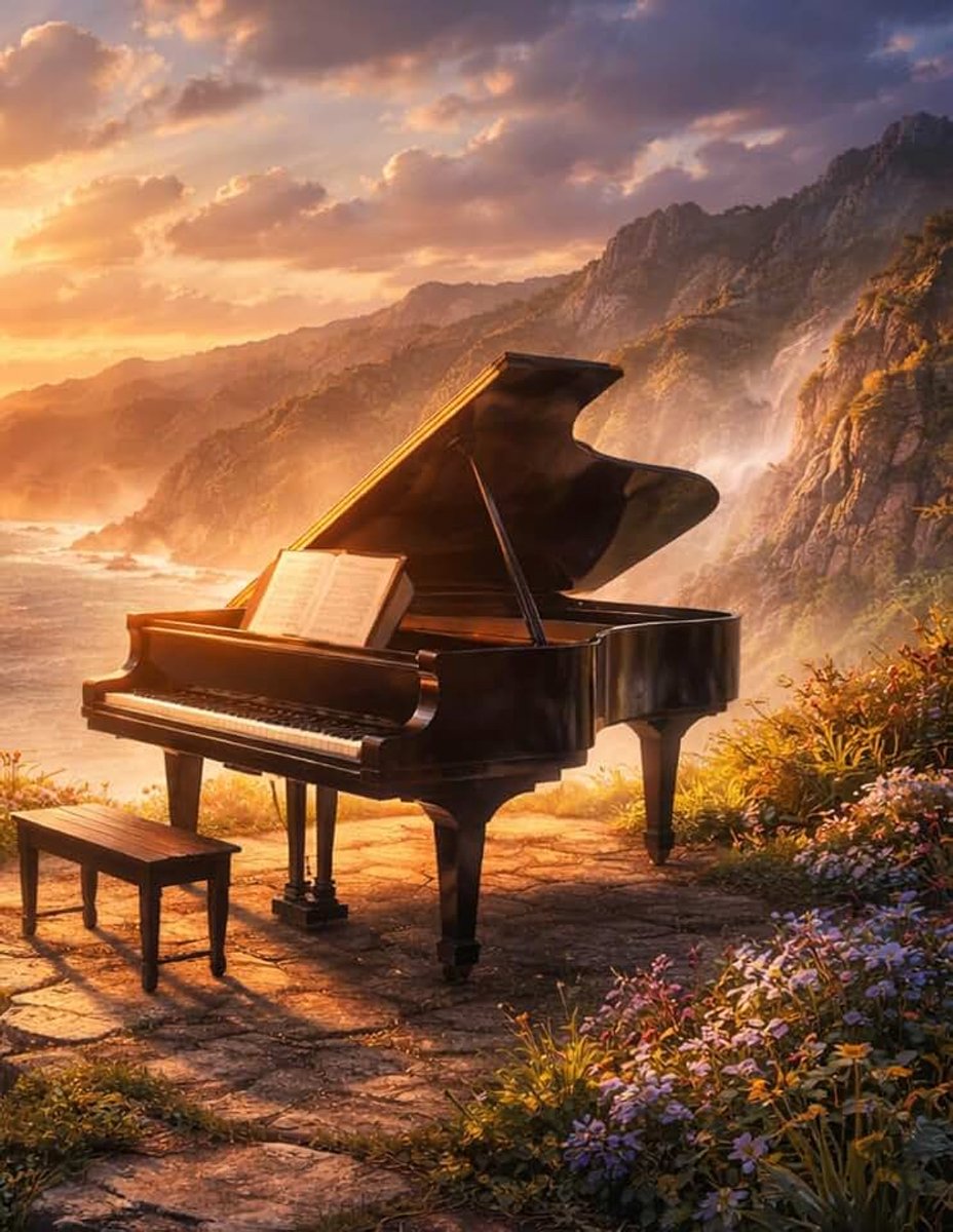 Music Book - Grand Piano at Sunset: Blank Manuscript Paper with 12 Staves Per Page for Composing, Songwriting, Lessons, Practice and Musical Ideas | 100 Pages | 8.5 x 11