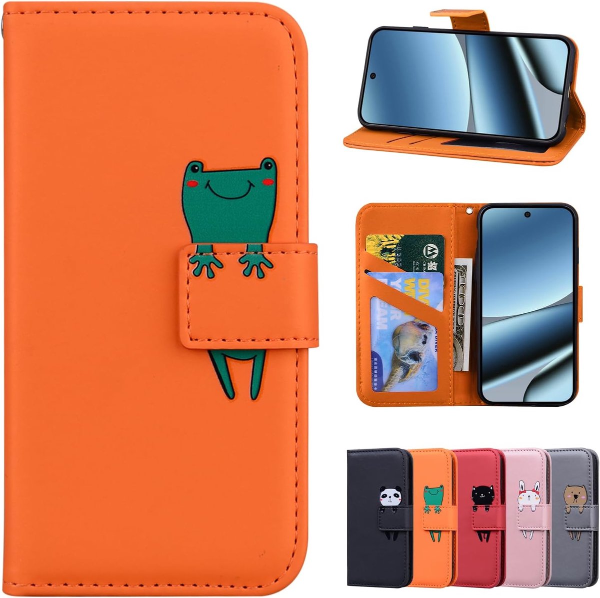 Hoes voor mobiele telefoon voor 5G 6,3 inch, PU-leer, portefeuille, beschermhoes, standfunctie, magnetische sluiting, telefoonhoes voor 5G 6,3 inch, oranje kikker