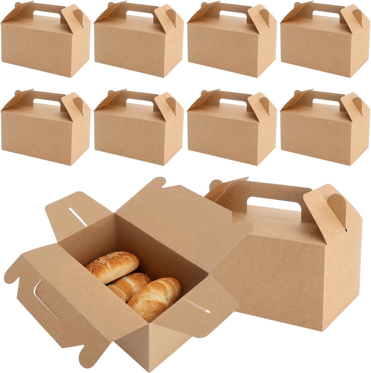 Vouwdozen van kraftpapier met handvat, 10 stuks, 19 × 11 × 10 cm, dozen met deksel voor voedselopslag, bruiloften, verjaardagen en feesten (bruin)