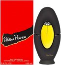 Zwarte ovale parfumfles met gele accenten, Paloma Picasso logo, 100 ml.