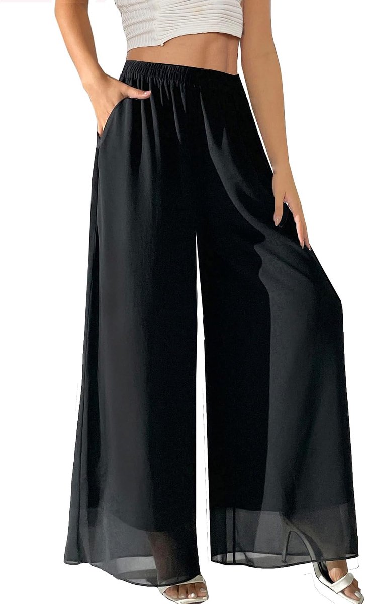 Dames chiffon wijde pijpen palazzo broek hoge elastische taille casual vloeiende zakelijke broek