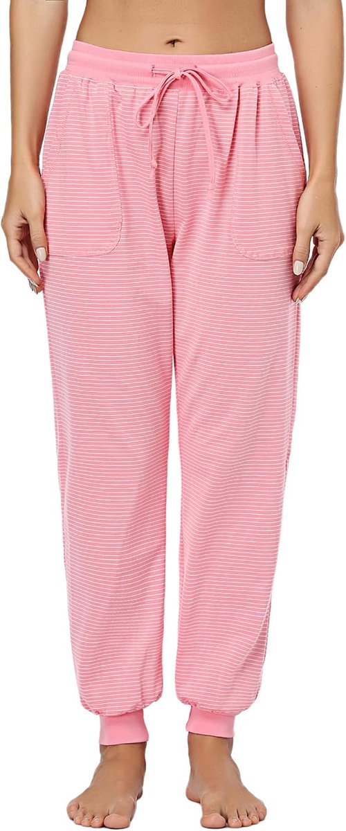 Pyjamabroek voor dames, lange pyjamabroek, winter, warm, katoen, slaapbroek, gestreepte joggingbroek, trainingsbroek, sportbroek voor vrouwen, S-XXL, roze, XL