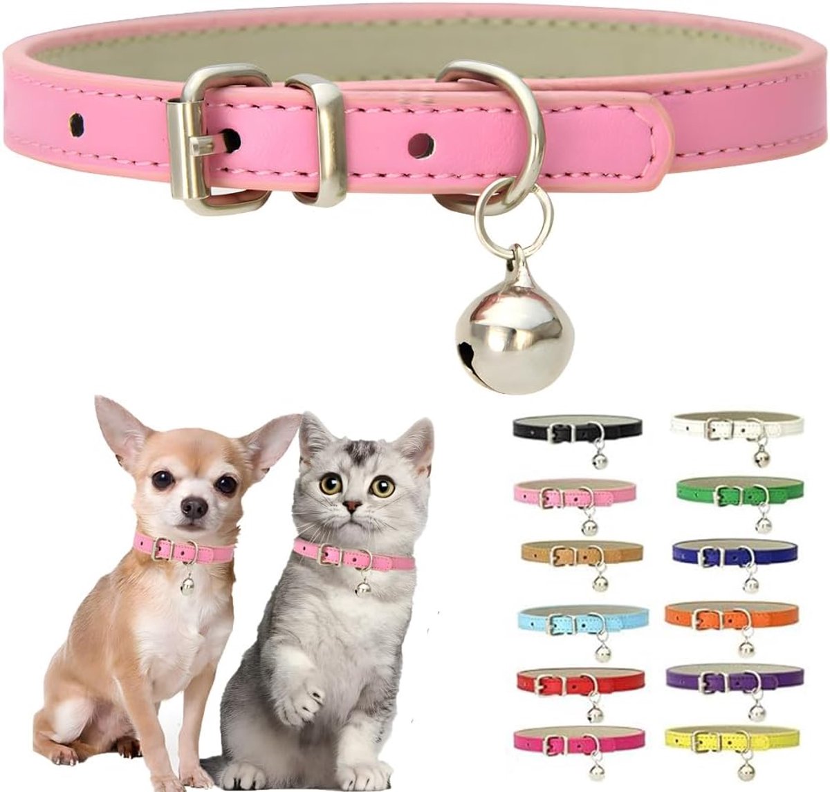 Kattenhalsband met bel, PU lederen XXS hondenhalsband voor kleine honden, zachte puppyhalsband met bel, verstelbare gesp voor kleine theekopjes, XS extra kleine vrouwelijke meisjes katten