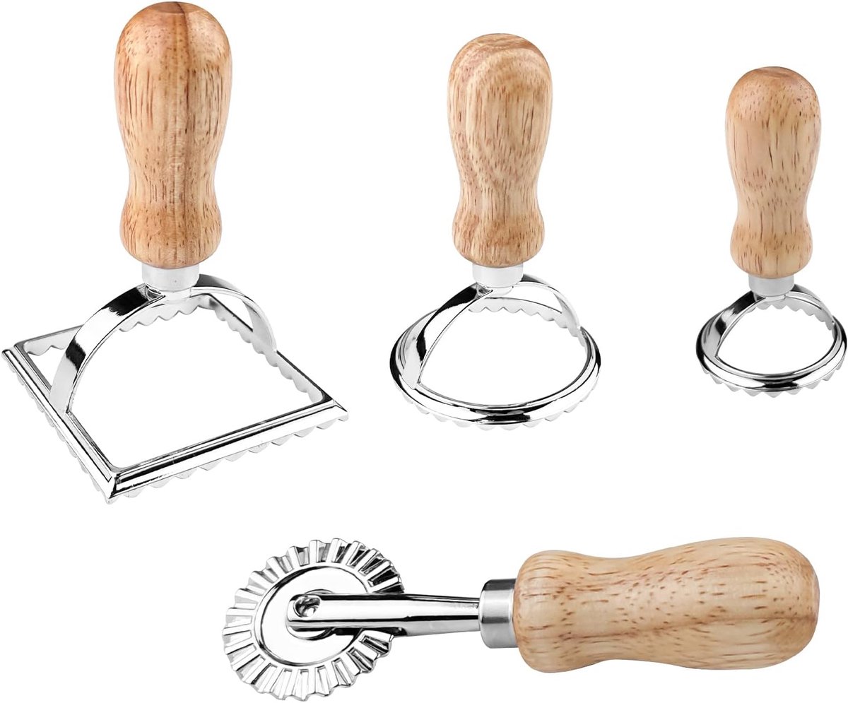 Ravioli, set van 4 stuks, uitsteekvormpjes, deegzakvorm, deegroller, handvat, stempel en multifunctionele pastasnijder
