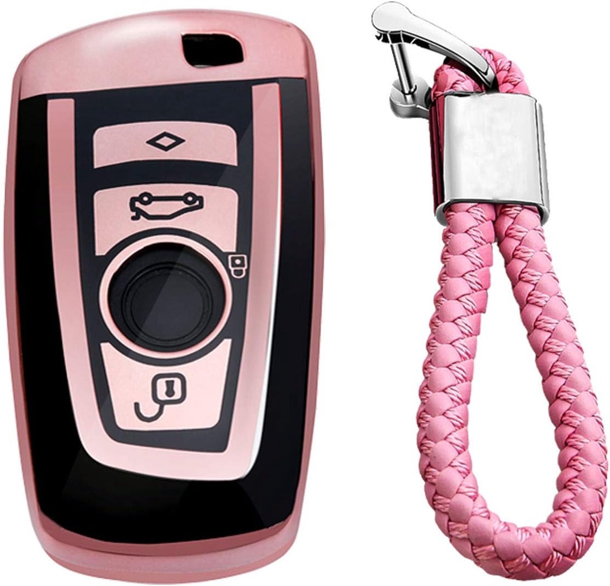 Sleutelomhulsels Autosleutel Cover Hoesje Voor BMW 1 Serie 2 3 4 5 6 7 Serie X3 X4 M2 M3 M4 M5 M6 - Glanzend Roze - Weven Sleutelhanger