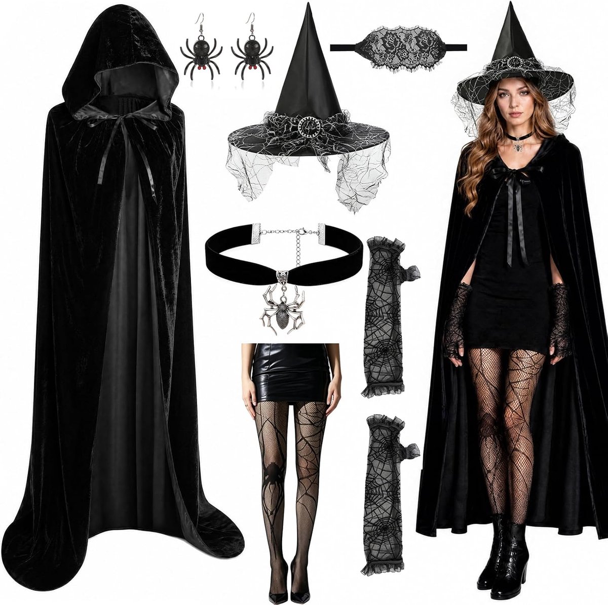 Heksenkostuum voor dames, Halloween-heksencape met capuchon, heksenhoed, kanten masker, oorbellen, armband, Halloween-kostuum voor dames, voor volwassenen, verkleedkleding, cosplay, carnaval