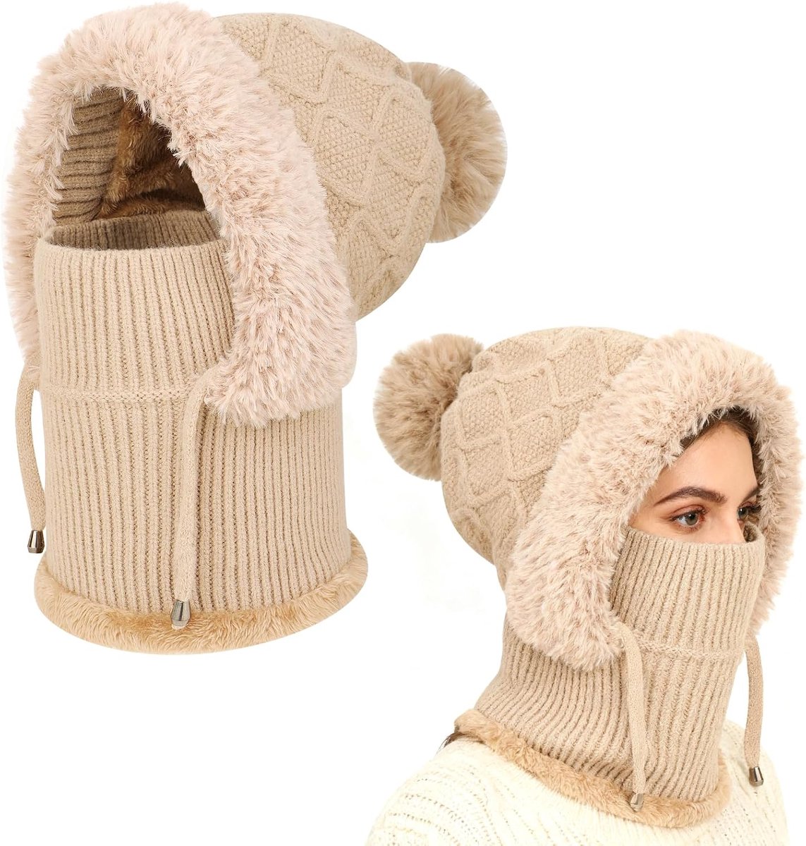 Bivakmuts voor dames, warme gebreide thermische muts, wintermutsen voor dames met fleecevoering, multifunctionele verstelbare wintermuts, fleece capuchon, snood met nekwarmer voor