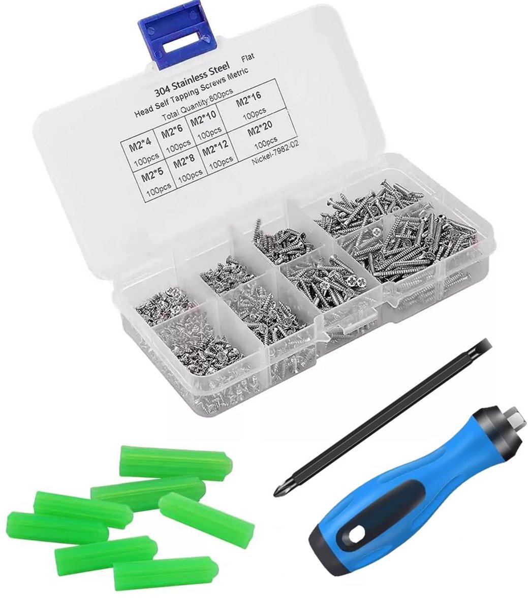 schroeven, assortiment 901-delig, zelftappende schroeven met verzonken kop, expansiebuis van kunststof, set voor hout en metaal, met opbergdoos, diverse maten