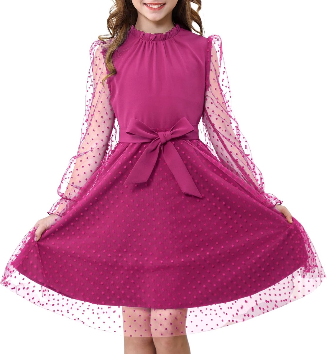 Jurk met lange mouwen voor meisjes, hoge taille met riem, A-lijn, volant-hals, contrasterende mesh, prinsessenjurk voor feestjes van tule