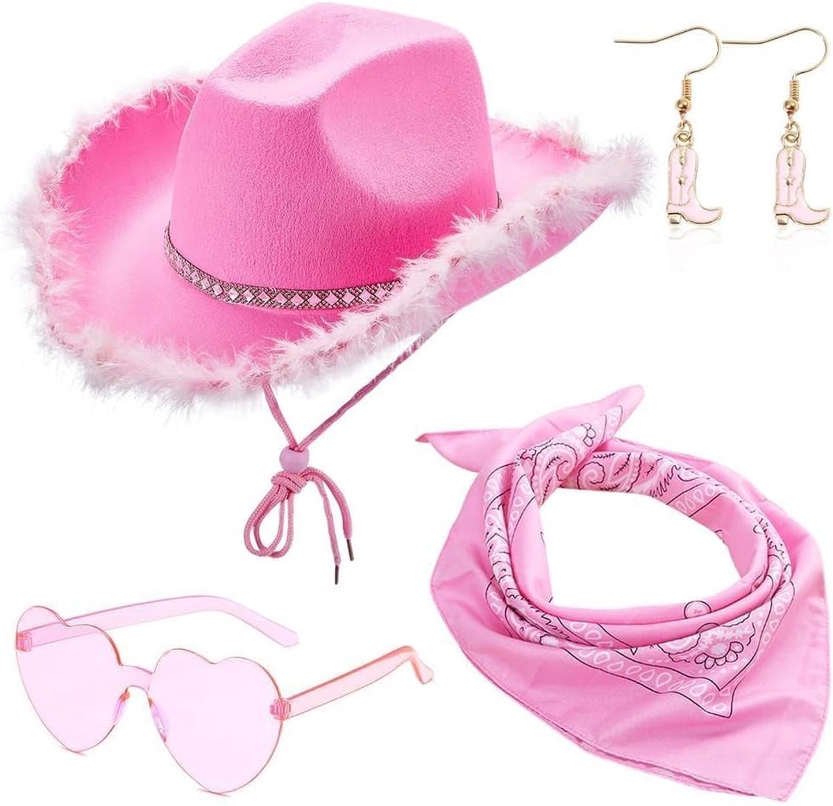 Cowboyhoeden voor vrouwen, pluizige cowboyhoed met verenrand, hartvormige zonnebril, bandana voor vakantie, kostuumfeest, spelen, verkleedpartij, Halloween cosplay