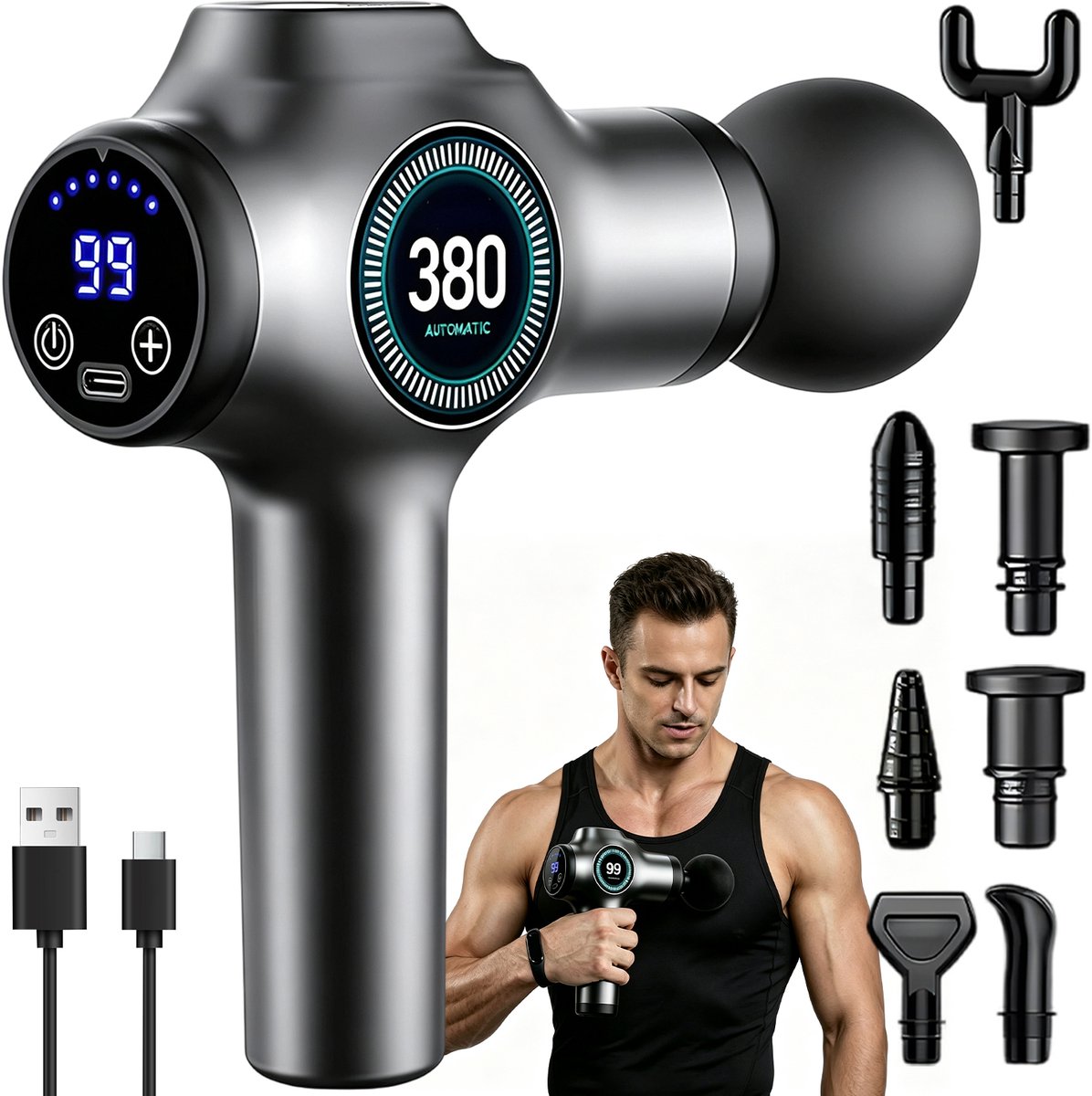 Massageapparaat Spieren - Compacte Massage Gun met 8 Opzetstukken - Draadloze Body Massager voor Schouders, Armen en Benen