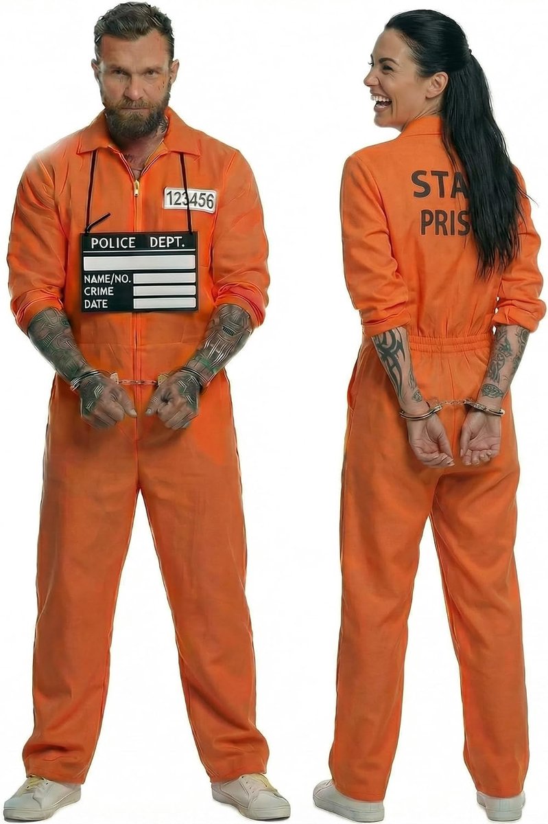 Oranje, gevangeniskostuum voor dames en heren, Prisoner-kostuum, kraakpaar, oranje overall met gevangenisaccessoires, handboeien en naambordje, gevangenverkleding voor carnaval