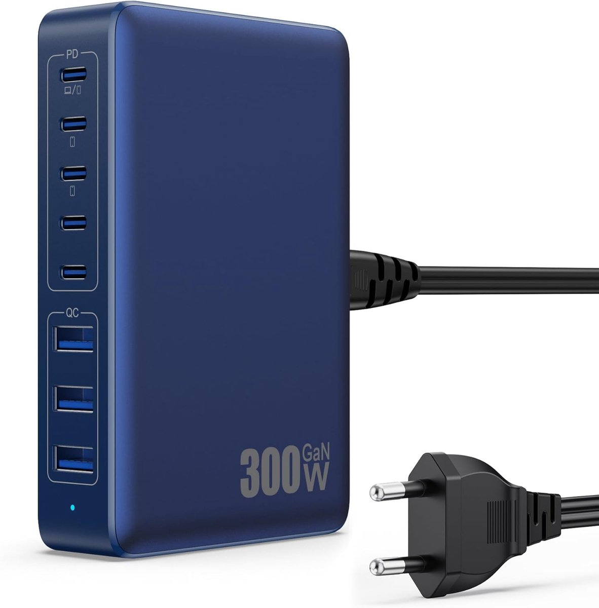 300W USB-C oplader met 8 poorten - 5 USB-C en 3 USB-A PD PPS 100W voeding snellader laadstation voor laptop, MacBook, iPad, iPhone 16/15/14, Samsung, donkerblauw