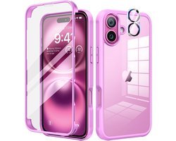 Seacosmo voor iPhone 16 Hoesje 360 graden volledige Bescherming met Ingebouwd Glas Schermbeschermer & Cameralensbeschermer, iPhone 16 Schokbestendige Case, Roze