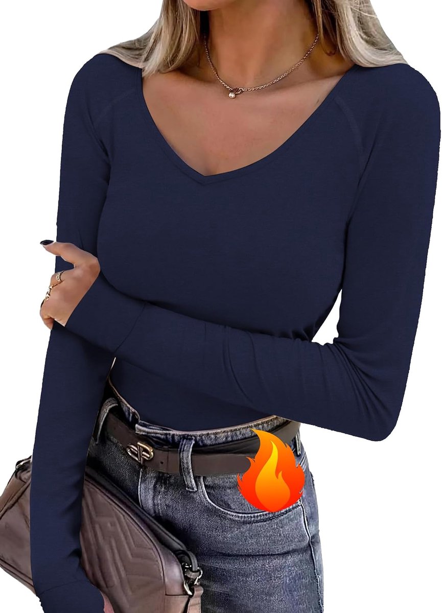 Thermisch T-shirt voor dames, lange mouwen, V-hals, elastisch, met duimgaten, sporttop voor de winter, voor hardlopen en fitness