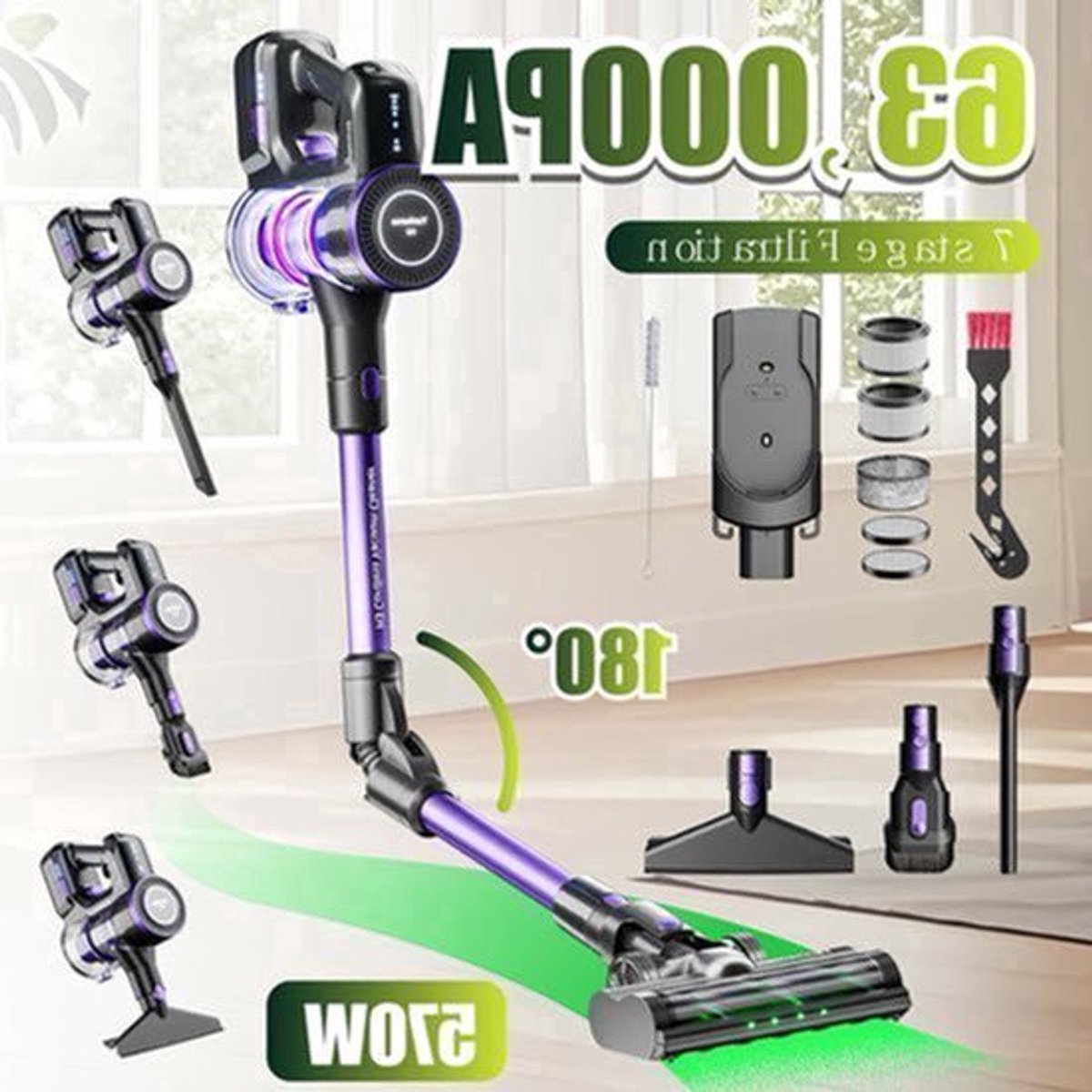 Yanhama H3 Wireless Vacuum Cleaner, Handheld Vacuum Cleaner, 7-level Filtration System, 180° Flexible Steering, Compatible with Multiple Accessories for Various Scenarios. Deep Cleaning Of Household, Pet Hair, Sofa And Floor
