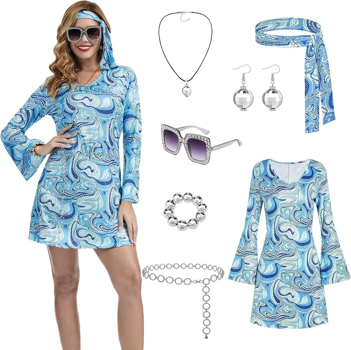 60s 70s hippie kostuum voor vrouwen - 7-delige disco party outfit met uitlopende jurk, vredesteken ketting, oorbellen, hoofdband, zonnebril, armband en taille ketting
