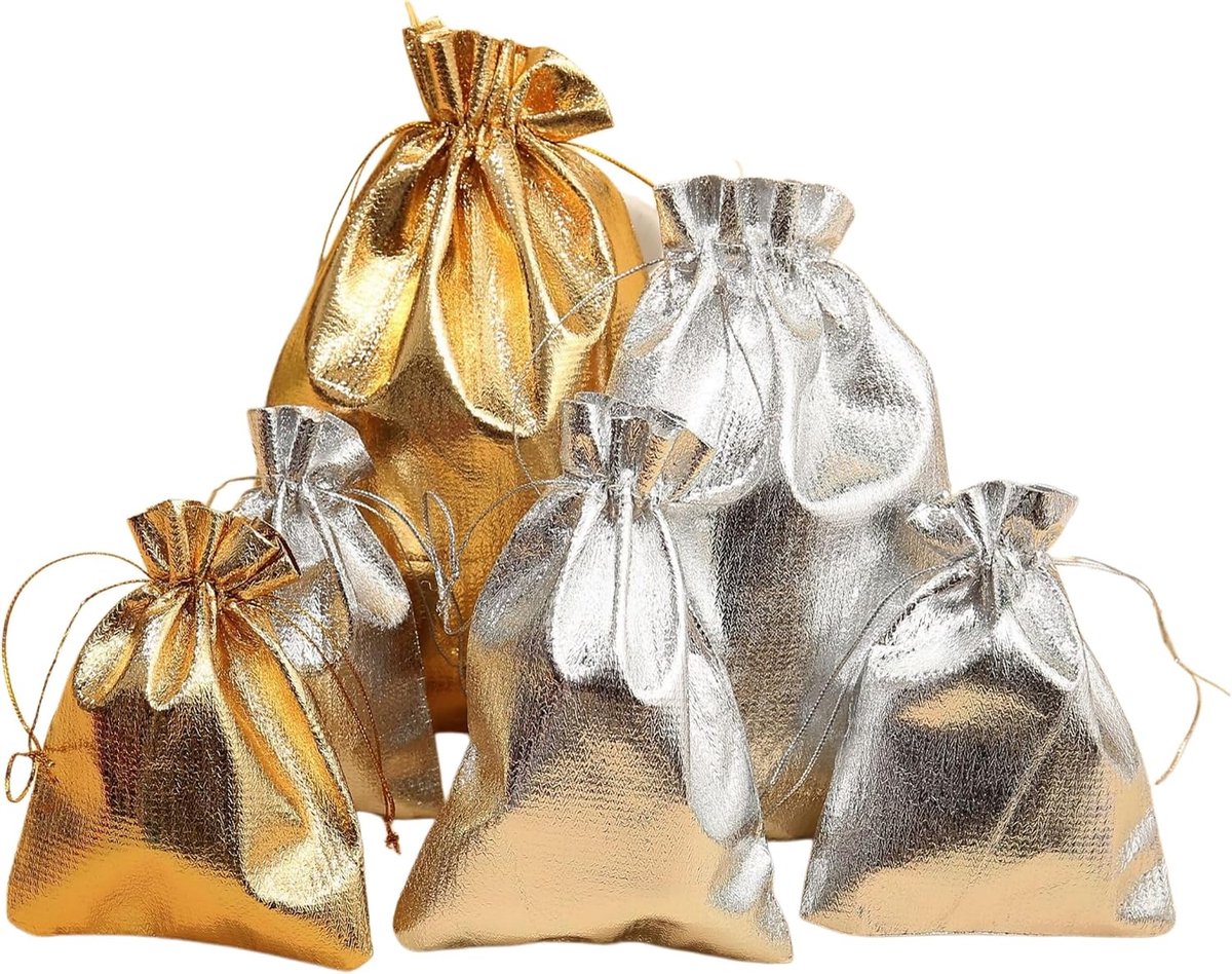 30 stuks gouden geschenkzakjes met trekkoord, kleine geschenkzakjes, sieradenzakjes, feestzakjes voor verjaardag, bruiloft, feest (3 maten, goud zilver)