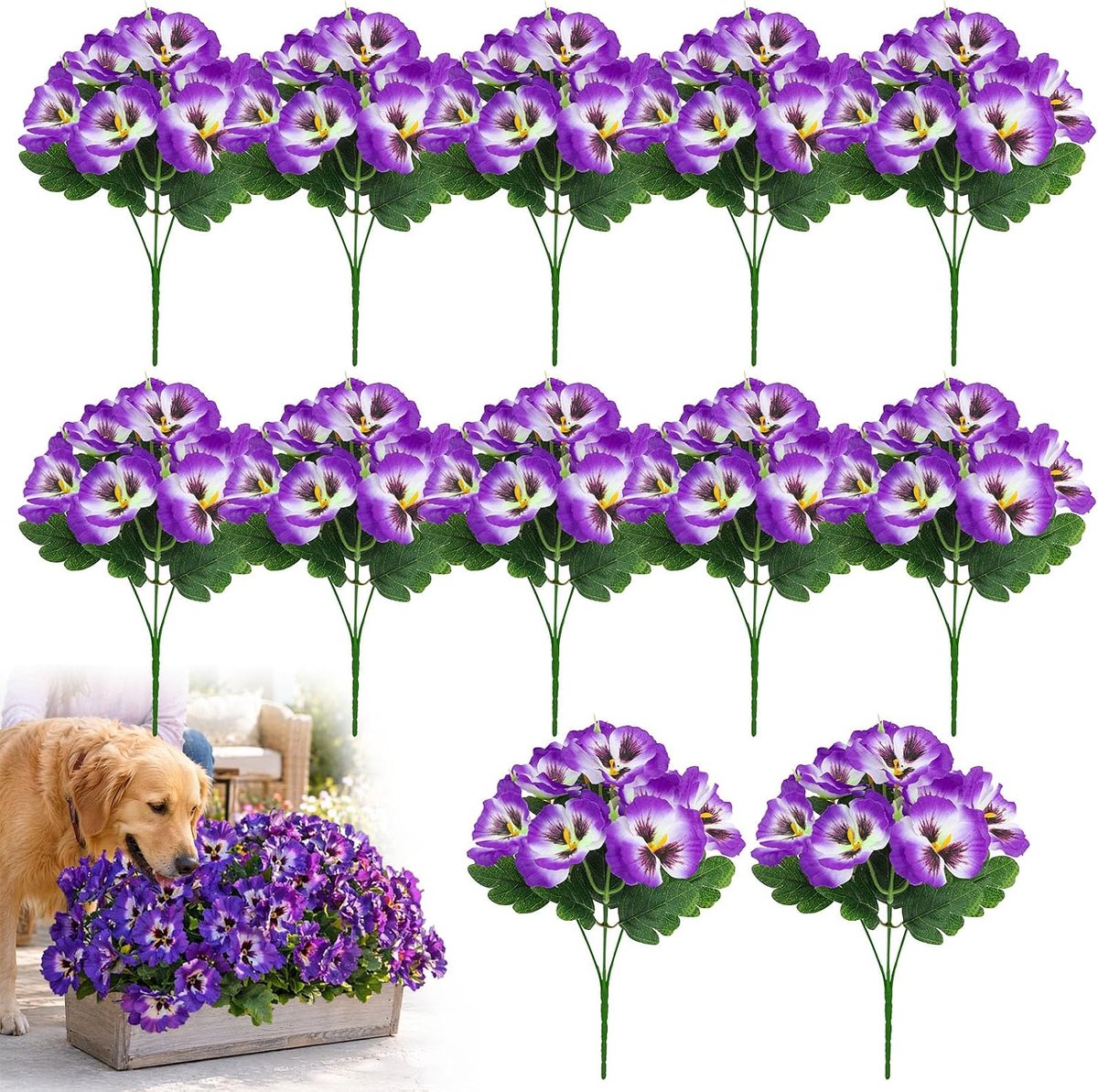 12 bundels kunstpepertjes, kunstbloemen als echte uv-bestendige kunstbalkonplanten, viooltjes, weerbestendige lentebloemen, kunstbalkonbloemen voor vensterbank, tuin