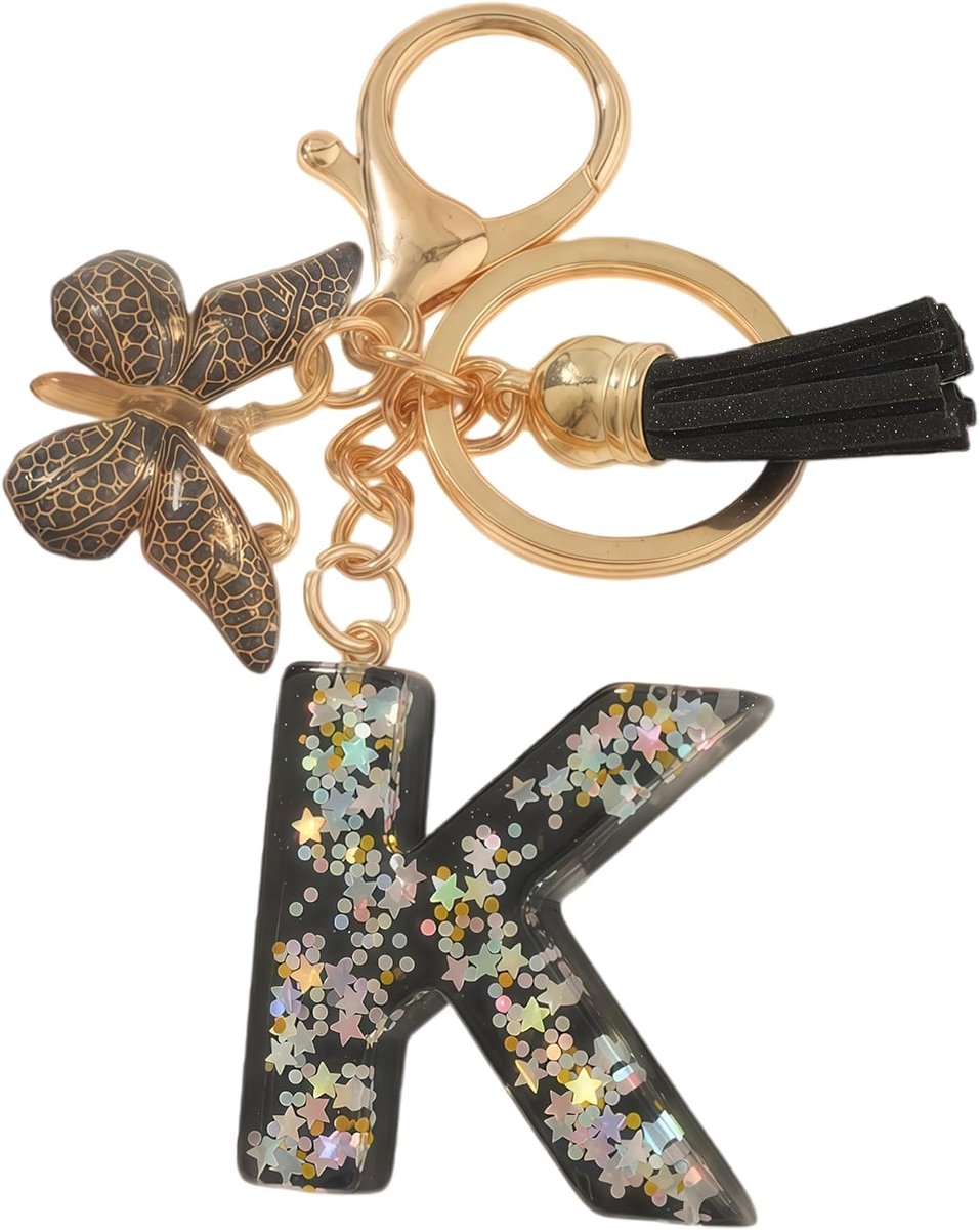 lettersleutelhanger, zwarte vlinder met kwast, initialen sleutelhanger als klein cadeau voor vrouwen (zwart, K)