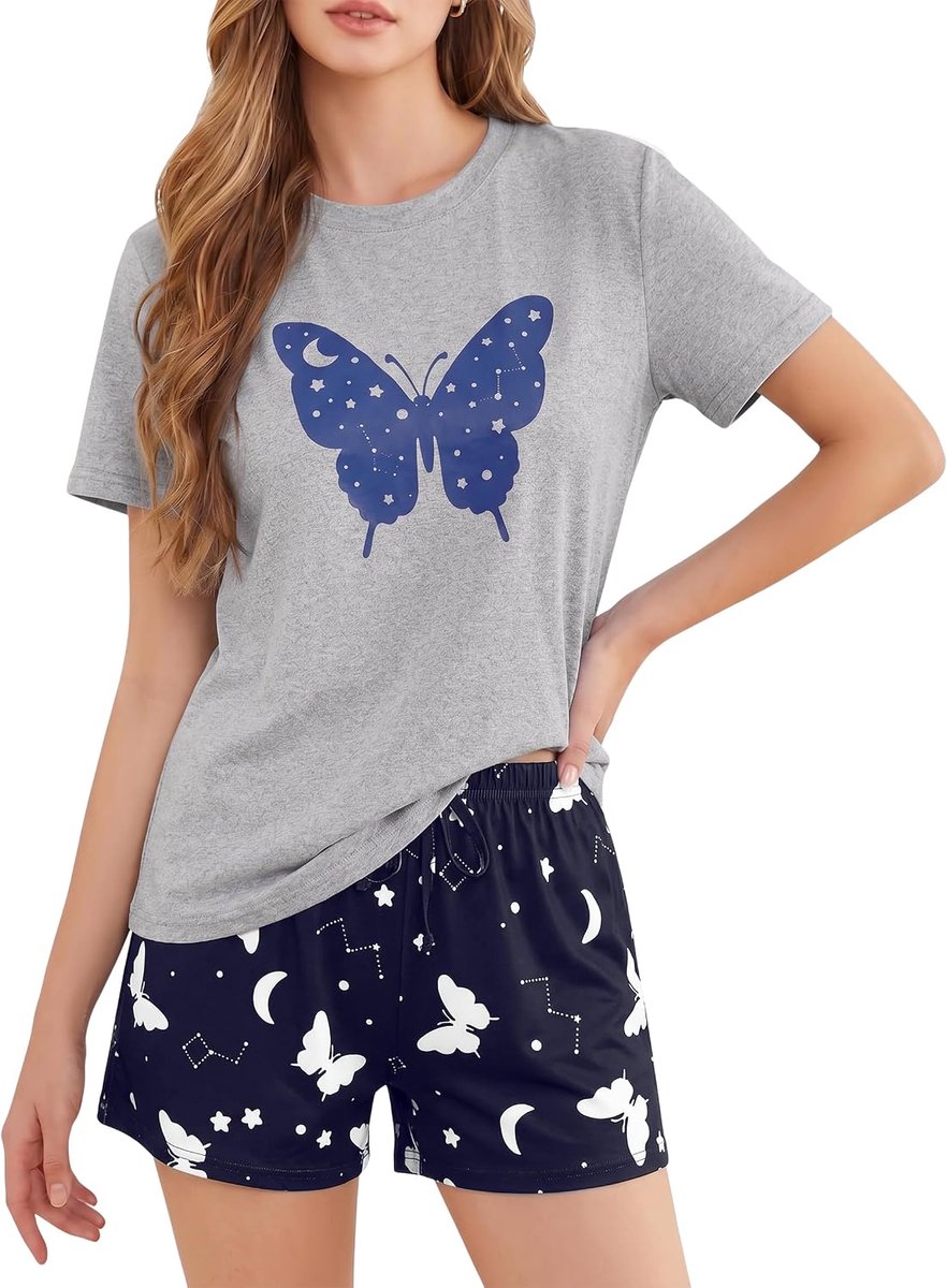 korte pyjamaset van katoenmix, zomernachtkleding, tweedelig met printmotief, shirt met korte mouwen en shorts, loungewear set voor vrouwen